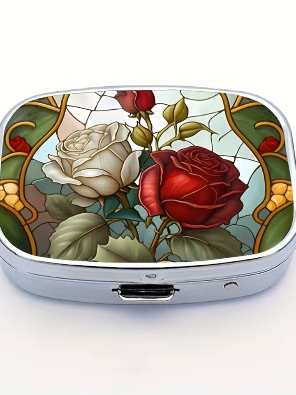 Stained Glass Roses Pill Box
